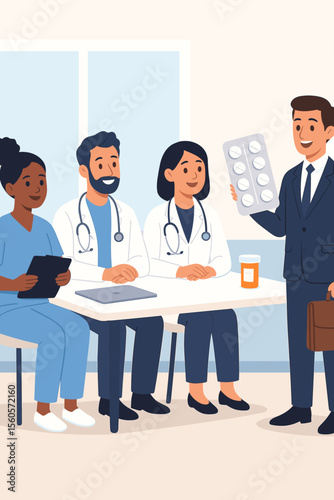Pharmaceutical sales representative presents new pills to a multiethnic team of doctors and nurse. Medical staff at a hospital meeting discussing a new drug treatment. Vector.