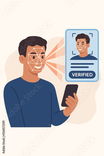 Biometric face recognition verification concept. Man holding smartphone scans his face for identity authentication. Modern technology for cybersecurity, secure access, and digital ID verification.