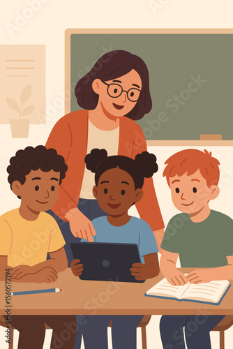 Teacher helping diverse group of elementary school children with a digital tablet. Multiethnic pupils in a modern classroom using technology for an interactive lesson. E-learning vector.