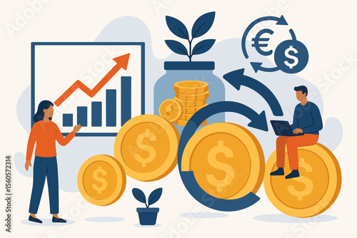 Financial services and investment concept with business people. Woman analyzes profit growth chart. Man with laptop manages savings. Currency exchange, money flow vector illustration.