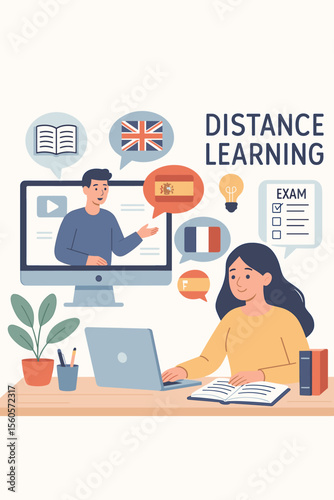 Distance learning and online language course concept. Student woman studying at home on laptop. E-learning, exam preparation, homeschooling, webinar with tutor. Flat cartoon vector.