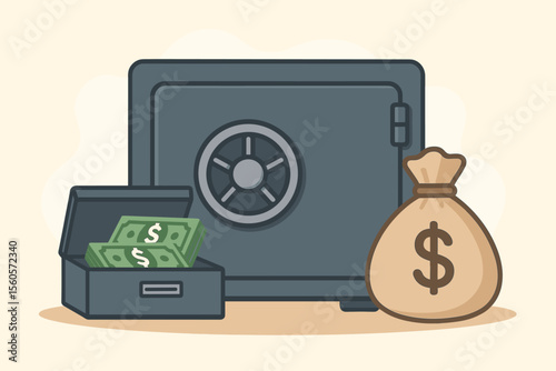 Secure bank vault with closed safe, cash deposit box full of dollar bills, money bag, savings protection, wealth security, financial investment, banking deposit, money storage concept vector