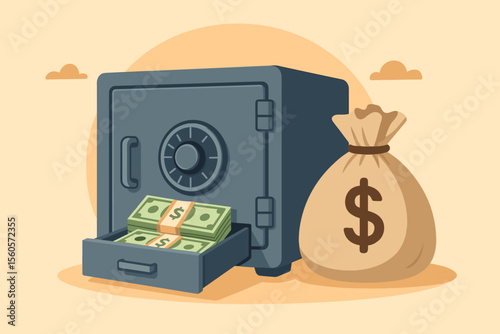 Secure bank safe with money bag, cash bundles in deposit box, financial security, savings protection, wealth storage, investment funds, banking vault, secure deposit, finance concept illustration
