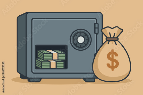 Secure Bank Safe with Money Bag and Cash Bundles. Locked Vault for Savings, Deposits, Wealth Protection, Financial Security, Investment Storage, Banking Concept, Flat Vector Illustration