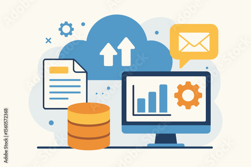 Cloud storage data processing and message sending concept. Flat vector illustration with computer monitor, database, document, email, cloud upload, analytics, gear. Web design marketing print