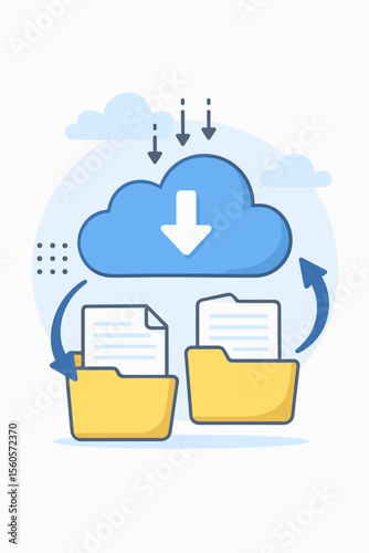 Cloud storage data transfer concept. Flat vector illustration of document folders syncing, downloading, uploading files to cloud server. File management, backup, digital archive, online data exchange