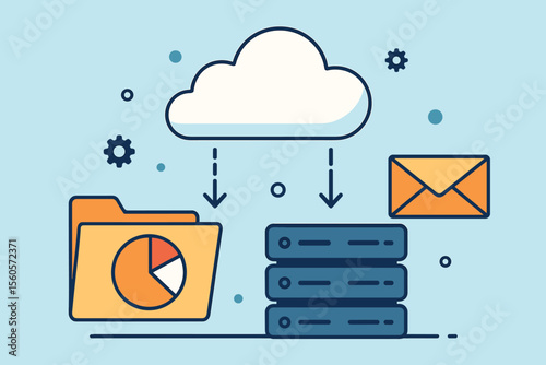 Modern flat vector illustration of cloud storage, data processing, email communication, file sharing, database management, digital technology, web design, marketing, business, IT solutions concept
