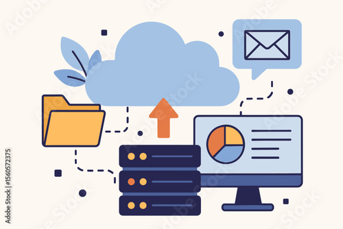 Cloud storage data processing vector illustration. File sharing, database management, email messaging, analytics dashboard. Modern flat design for web, marketing, business, technology concepts
