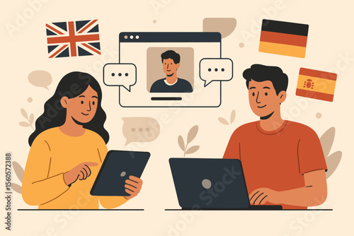 Online Language Learning Vector Illustration. Students Using Laptop and Tablet for Foreign Language Study. Virtual Class, International Communication, English German Spanish Flags, E-Learning Concept