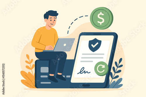 Online Credit Approval and Secure Digital Contract Signing, Fast Money Transfer, Financial Services, Mobile Banking, Electronic Payment, Secure Transaction, Modern Flat Vector Illustration