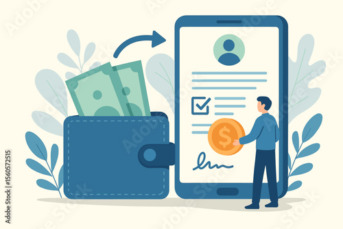 Online credit approval and digital contract signing concept with fast money transfer, secure mobile wallet, electronic payment, financial services, banking, e-signature, fintech vector illustration