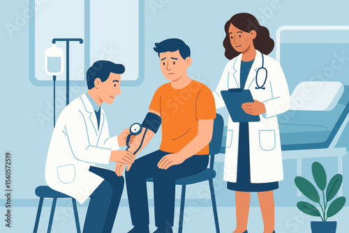 Medical checkup in hospital room, patient sitting on chair having blood pressure measured by doctor, female physician with clipboard, healthcare team, routine examination, clinical visit, treatment