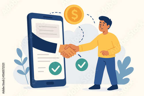 Online Credit Approval and Contract Agreement, Mobile Banking Handshake, Fast Money Transfer, Digital Financial Services, Secure Transaction, Modern Flat Vector Illustration