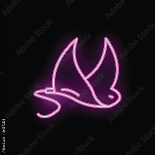 Pink neon sign of a bird flying with open wings on a black background, symbolizing freedom, hope and spirituality