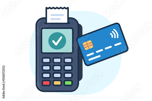 Contactless payment terminal with credit card, NFC wireless transaction, payment confirmation check mark, secure electronic purchase, POS terminal, modern finance vector illustration