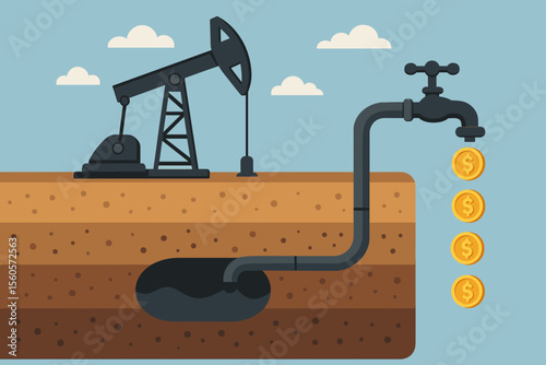 Oil Extraction Industry Process Vector. Pumpjack, Underground Oil Reservoir, Soil Layers Section, Pipe System, Faucet Producing Gold Coins. Petroleum Profits, Energy Business Concept Illustration