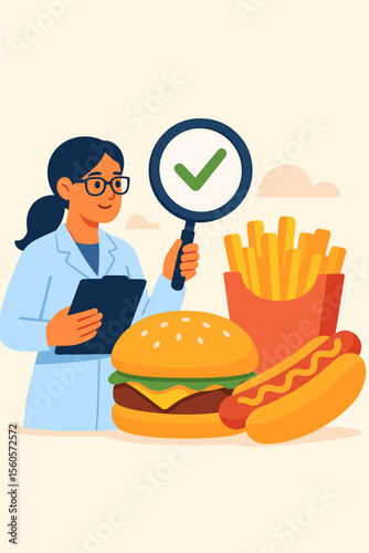 Nutritionist Approving Fast Food Quality Control. Dietitian Inspecting Burger, Hot Dog, French Fries. Healthy Eating Certification, Food Safety Inspection, Restaurant Health Standards Concept Vector