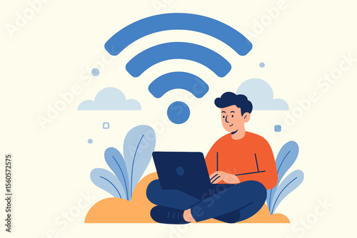 Public Free Wi-Fi Connection Vector Illustration, Wireless Internet Access Point, Digital Data Transmission, Remote Work, Mobile User Interface, Online Communication, Technology Concept