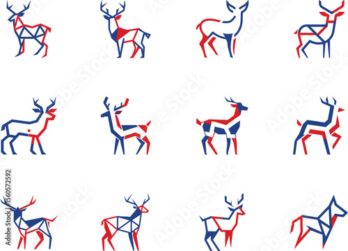 Collection of twelve reindeer poses styled with geometric shapes using red and blue on white