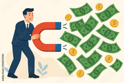 Businessman Attracting Money With Magnet, Financial Success Concept, Investment Attraction, Wealth Generation, Cash Flow, Modern Flat Vector Illustration, Economic Growth, Money Magnet