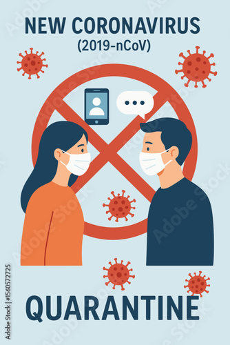 New Coronavirus 2019-nCoV Quarantine Concept Vector. People Wearing Medical Masks, Social Distancing, Online Communication, No Physical Contact, Virus Prevention, Pandemic Health Awareness