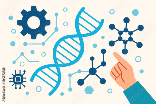 Nanotechnology DNA Structure Vector Illustration. Molecular Science Concept, Genetic Engineering, Biotechnology, Molecule Model, Human Hand Interaction, Flat Modern Design, Abstract Background