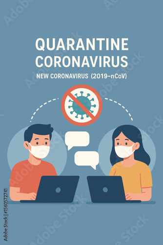 Quarantine Coronavirus 2019-nCoV Vector, People in Medical Masks Communicating Online, Social Distancing, Ban on Contact, Remote Work, Pandemic Prevention, Virus Outbreak Illustration