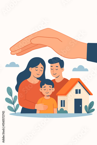 Family protection insurance concept. Large hand covering parents and child. Home security, property safety, life insurance, accident prevention, care, support, risk management, family safety.