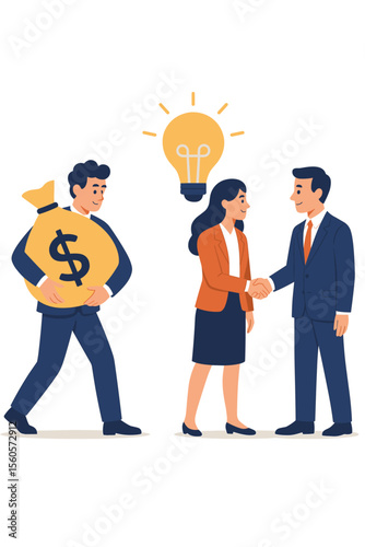 Business investment partnership concept. Investor holding money bag funds creative idea. Teamwork, handshake, successful deal, financing innovation, man and woman entrepreneurs, startup collaboration.