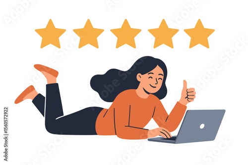 Five star rating positive feedback concept. Woman lying with laptop gives thumbs up. Customer satisfaction, best performance review, high score, online service evaluation, success, approval.