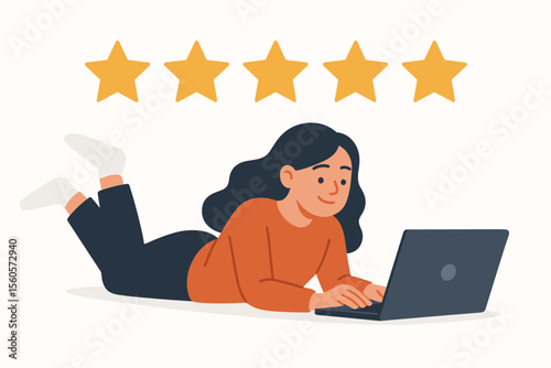 Five star rating review concept. Woman lying with laptop giving feedback, online evaluation, customer satisfaction, best performance, positive testimonial, high score, quality service illustration