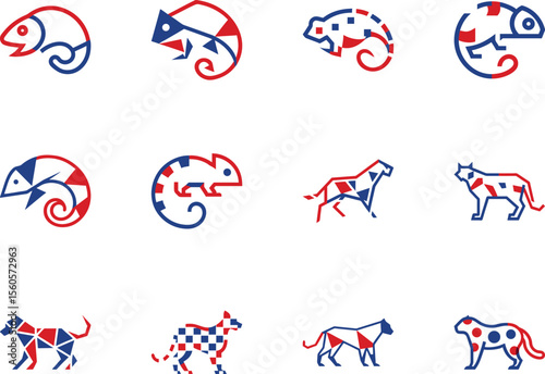 Twelve animal outline symbols exhibit a blue and red color scheme against a white background