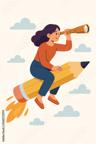 Creative woman artist flying on rocket pencil searching for inspiration, visionary designer exploring new ideas, innovation, imagination, creativity, future concept, female illustrator with spyglass