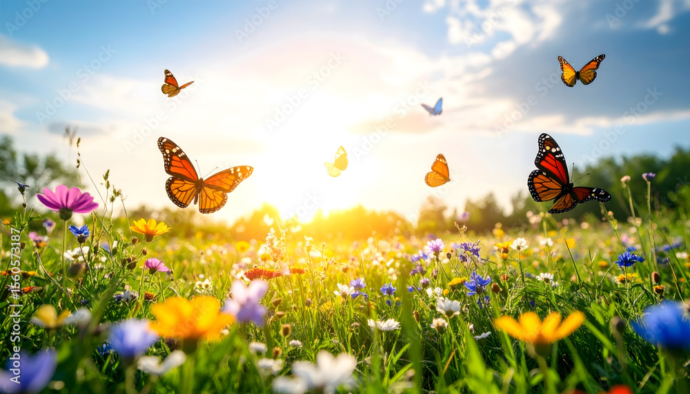 Vibrant meadow on first day of spring with colorful wildflowers and butterflies dancing in warm sunlight Vibrant meadow on first day of spring with colorful wildflowers and butterflies dancing in warm sunlight
