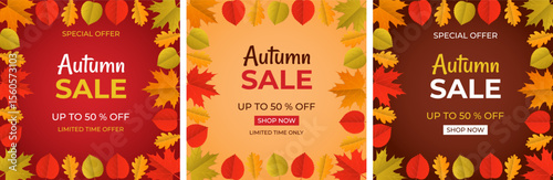 Autumn Sale up to 50 percent. Set of square posters, banners for social networks. Vector illustration.