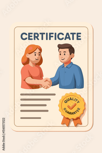 3D certificate with business handshake. Quality guarantee concept with man and woman partners making a deal. Diploma with gold seal and medal for successful teamwork and agreement.