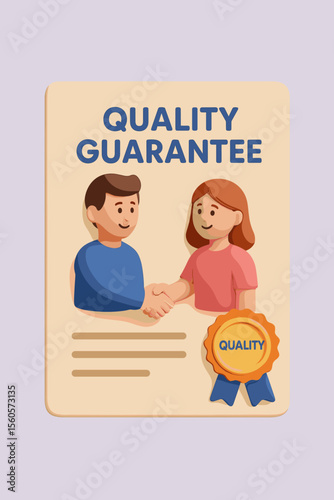 3D certificate with quality guarantee. Teamwork and partnership concept with people shaking hands. Business agreement, successful deal, and certified document with quality seal medal.
