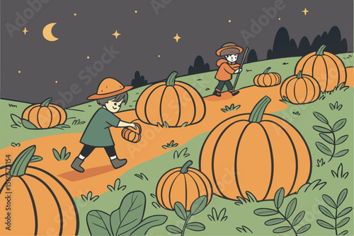 Pumpkin Patch Halloween Night Vector
