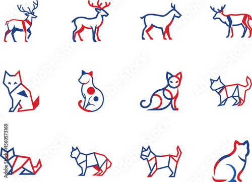 Blue and red outline of stylized deer and cat icons appear on white