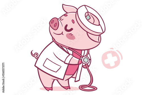 Vector cute Pig cartoon character, dressed as a doctor, holding a stethoscope, caring and gentle expression, medical cross symbol hint, isolated on white background