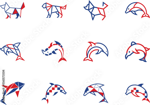 Creative red and blue animal icons show two dogs and several stylized dolphins