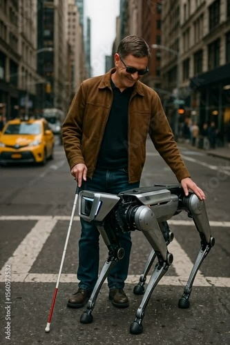 Blinf person with a robotic quadruped in a bustling city. Human-robot interaction in an urban environment, blending assistive technology.