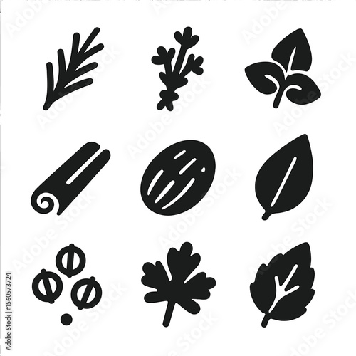 Herb and Spice Icons. Solid, filled icon set of gourmet spices and herbs: rosemary sprig, thyme bunch, oregano leaf, cinnamon