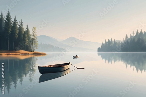 Serene Lakeside Landscape with Rowboat Reflection