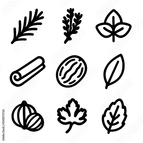 Herb and Spice Icons. Solid, filled icon set of gourmet spices and herbs: rosemary sprig, thyme bunch, oregano leaf, cinnamon