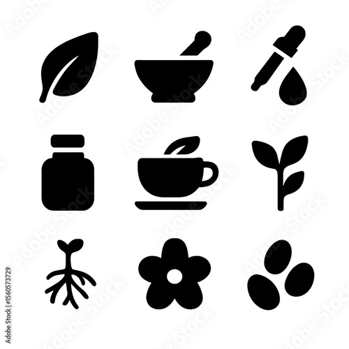 Herbal Icon Collection. Solid, filled icon set of herbal elements: leaf, mortar and pestle, essential oil dropper, spice jar,