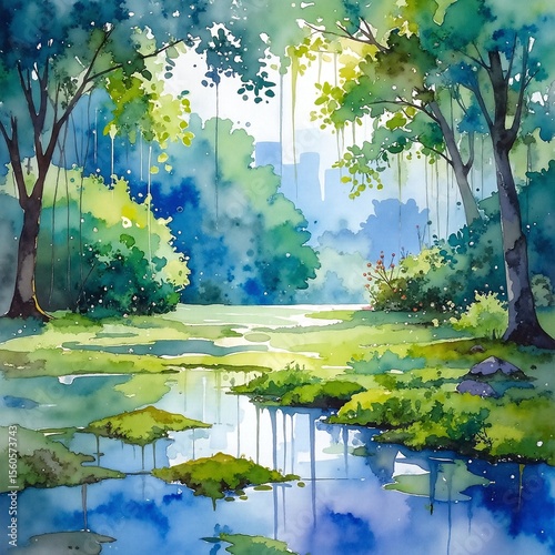 A serene watercolor painting depicting a lush forest filled with vibrant green trees, gently reflecting in a tranquil pond surrounded by soft, dappled light.