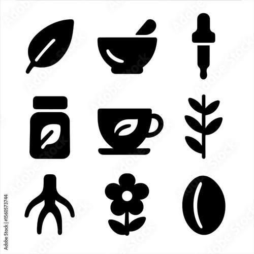 Herbal Icon Collection. Solid, filled icon set of herbal elements: leaf, mortar and pestle, essential oil dropper, spice jar,