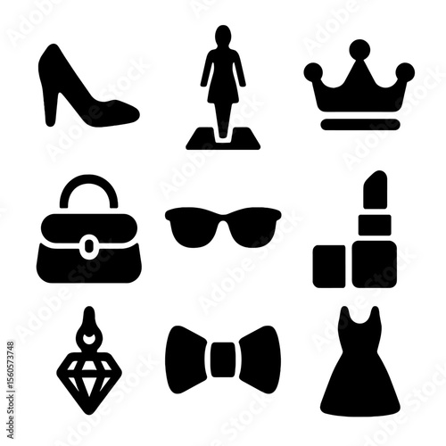 High Fashion Icons. Solid, filled icon set of high fashion and style: high heels, runway model, crown hat, designer bag,