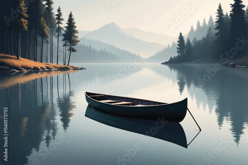 Serene Lakeside Landscape with Rowboat Reflection